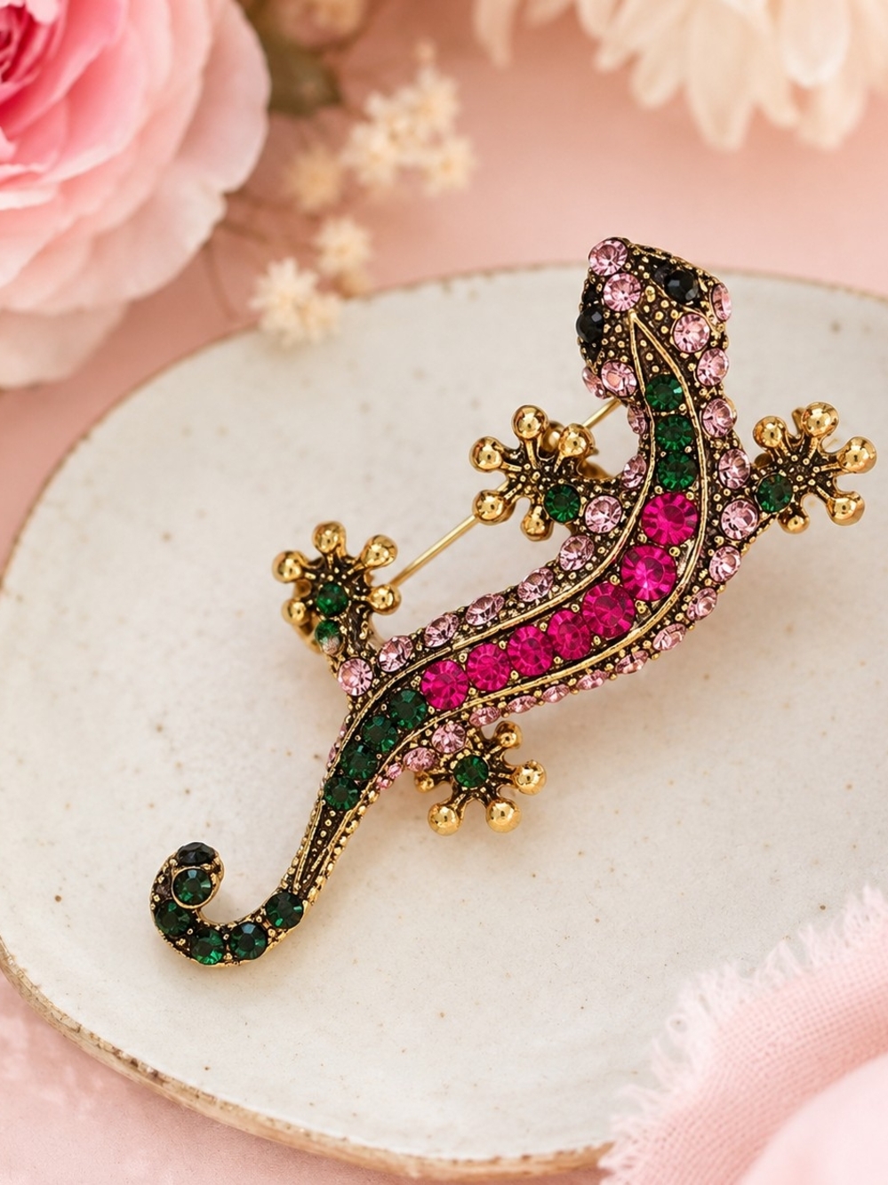 2 for $18 Gold-tone Pink & Green Rhinestone Crystal Gecko Lizard Brooch Pin New